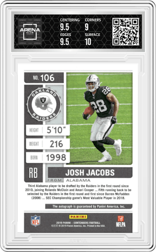 Josh Jacobs from the 2019 Panini Contenders set featuring a Red Zone parallel graded by Arena Club and given an overall grade of 9.5.