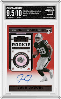 Josh Jacobs from the 2019 Panini Contenders set featuring a Red Zone parallel graded by Arena Club and given an overall grade of 9.5.