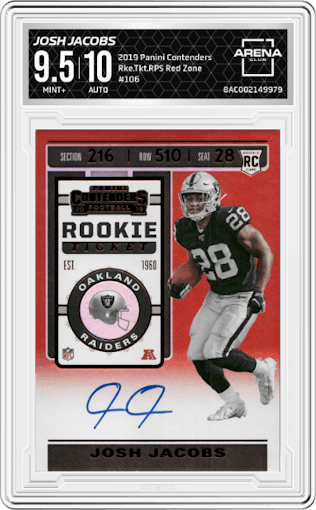 Josh Jacobs from the 2019 Panini Contenders set featuring a Red Zone parallel graded by Arena Club and given an overall grade of 9.5.