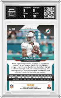 Tua Tagovailoa from the 2020 Panini Prizm set featuring a Red/White/Blue Prizm parallel graded by Arena Club and given an overall grade of 9.5.