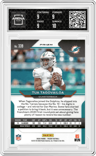 Tua Tagovailoa from the 2020 Panini Prizm set featuring a Red/White/Blue Prizm parallel graded by Arena Club and given an overall grade of 9.5.