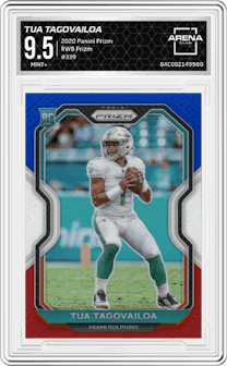 Tua Tagovailoa from the 2020 Panini Prizm set featuring a Red/White/Blue Prizm parallel graded by Arena Club and given an overall grade of 9.5.