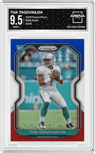 Tua Tagovailoa from the 2020 Panini Prizm set featuring a Red/White/Blue Prizm parallel graded by Arena Club and given an overall grade of 9.5.