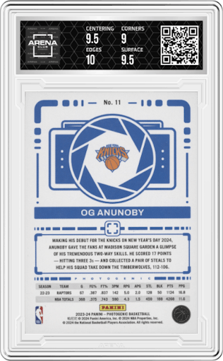 OG Anunoby from the 2023-24 Panini Photogenic set featuring a Diamond parallel graded by Arena Club and given an overall grade of 9.5.