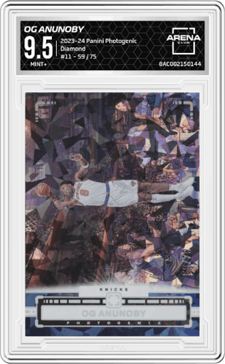 OG Anunoby from the 2023-24 Panini Photogenic set featuring a Diamond parallel graded by Arena Club and given an overall grade of 9.5.