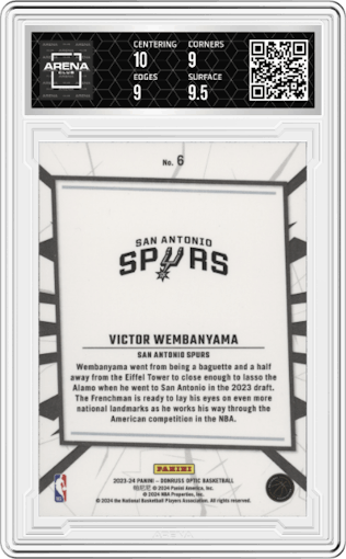 Victor Wembanyama from the 2023-24 Donruss Optic set graded by Arena Club and given an overall grade of 9.5.