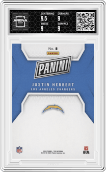 Justin Herbert from the 2024 Panini The National VIP set featuring a Red parallel graded by Arena Club and given an overall grade of 9.