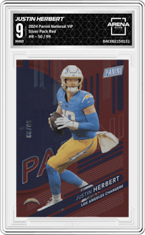 Justin Herbert from the 2024 Panini The National VIP set featuring a Red parallel graded by Arena Club and given an overall grade of 9.