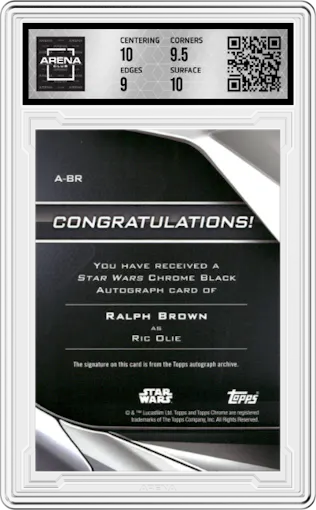 Ralph Brown as Ric Olie from the 2023 Topps Star Wars Chrome Black set featuring a Green Refractor parallel graded by Arena Club and given an overall grade of 10.