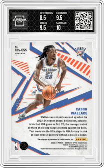 Cason Wallace from the 2023-24 Donruss Optic set featuring a Pink parallel graded by Arena Club and given an overall grade of 9.