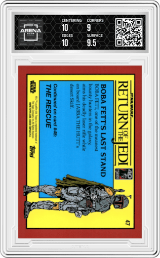 Boba Fett's Last Stand from the 2023 Topps Chrome Sapphire Star Wars Return of the Jedi set featuring a Gold parallel graded by Arena Club and given an overall grade of 9.5.
