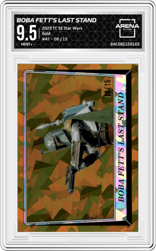 Boba Fett's Last Stand from the 2023 Topps Chrome Sapphire Star Wars Return of the Jedi set featuring a Gold parallel graded by Arena Club and given an overall grade of 9.5.