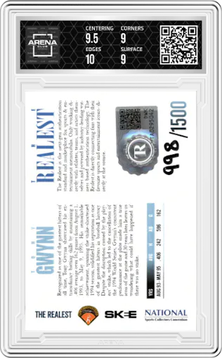 Tony Gwynn from the 2024 The Realest set featuring a '24 National Ed. parallel graded by Arena Club and given an overall grade of 9.5.