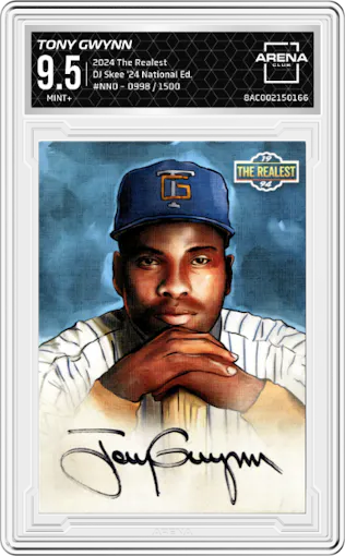 Tony Gwynn from the 2024 The Realest set featuring a '24 National Ed. parallel graded by Arena Club and given an overall grade of 9.5.