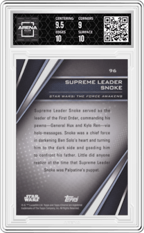 Supreme Leader Snoke from the 2023 Topps Star Wars Chrome Black set featuring a Refractor parallel graded by Arena Club and given an overall grade of 9.5.