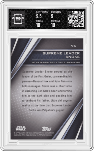 Supreme Leader Snoke from the 2023 Topps Star Wars Chrome Black set featuring a Refractor parallel graded by Arena Club and given an overall grade of 9.5.