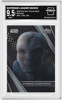 Supreme Leader Snoke from the 2023 Topps Star Wars Chrome Black set featuring a Refractor parallel graded by Arena Club and given an overall grade of 9.5.