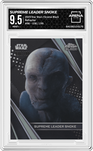 Supreme Leader Snoke from the 2023 Topps Star Wars Chrome Black set featuring a Refractor parallel graded by Arena Club and given an overall grade of 9.5.