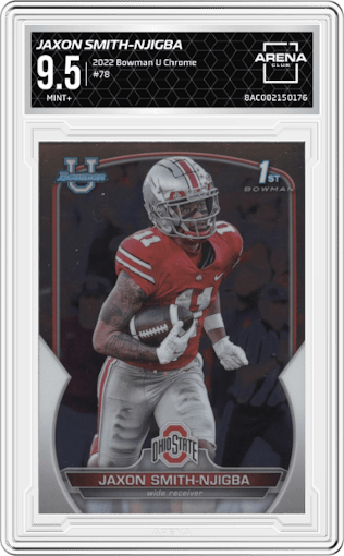 Jaxon Smith-Njigba from the 2022 Bowman University Chrome set graded by Arena Club and given an overall grade of 9.5.