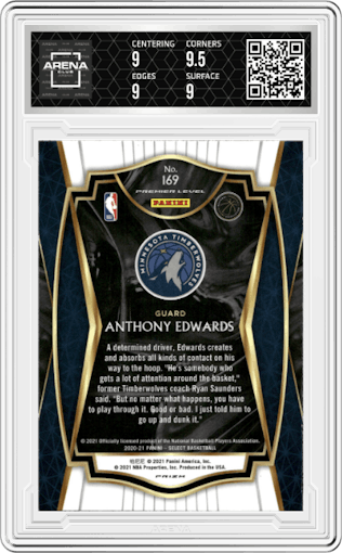 Anthony Edwards from the 2020-21 Panini Select  set featuring a Red/White/Orange Shimmer parallel graded by Arena Club and given an overall grade of 9.
