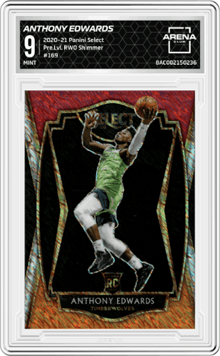 Anthony Edwards from the 2020-21 Panini Select  set featuring a Red/White/Orange Shimmer parallel graded by Arena Club and given an overall grade of 9.