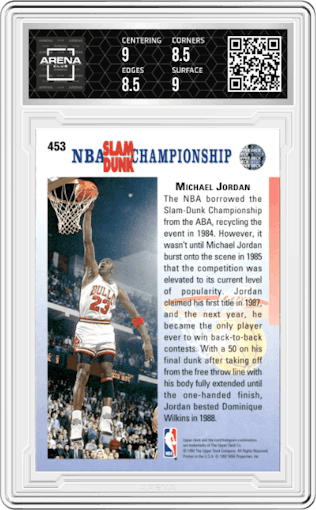 Michael Jordan from the 1992-93 Upper Deck  set graded by Arena Club and given an overall grade of 9.