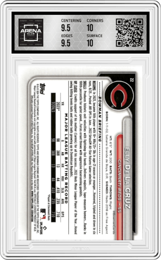 Elly De La Cruz from the 2024 Bowman Mega Box set graded by Arena Club and given an overall grade of 10.