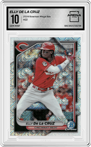 Elly De La Cruz from the 2024 Bowman Mega Box set graded by Arena Club and given an overall grade of 10.