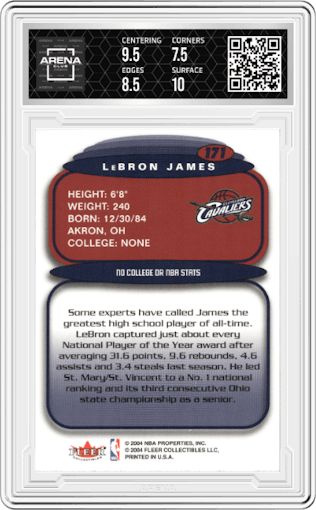 LeBron James from the 2003-04 Ultra Hummer H2 set graded by Arena Club and given an overall grade of 8.