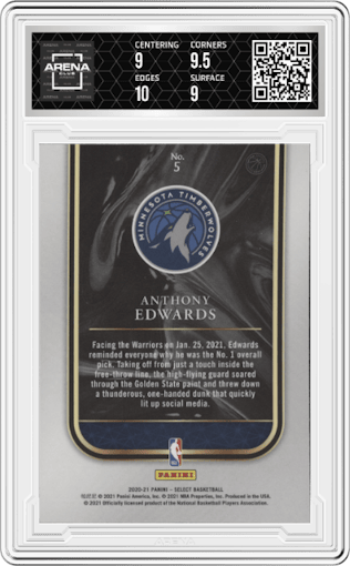 Anthony Edwards from the 2020-21 Panini Select  set graded by Arena Club and given an overall grade of 9.5.