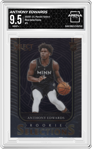 Anthony Edwards from the 2020-21 Panini Select  set graded by Arena Club and given an overall grade of 9.5.