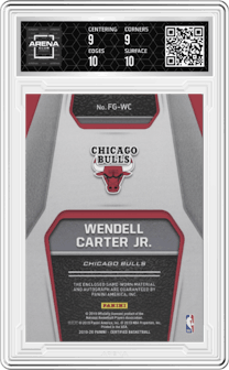 Wendell Carter Jr. from the 2019-20 Panini Certified set featuring a Gold parallel graded by Arena Club and given an overall grade of 9.5.