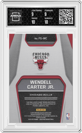 Wendell Carter Jr. from the 2019-20 Panini Certified set featuring a Gold parallel graded by Arena Club and given an overall grade of 9.5.
