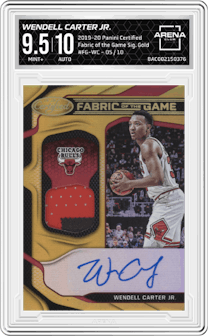 Wendell Carter Jr. from the 2019-20 Panini Certified set featuring a Gold parallel graded by Arena Club and given an overall grade of 9.5.