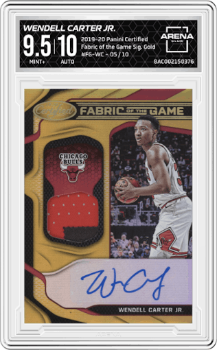Wendell Carter Jr. from the 2019-20 Panini Certified set featuring a Gold parallel graded by Arena Club and given an overall grade of 9.5.