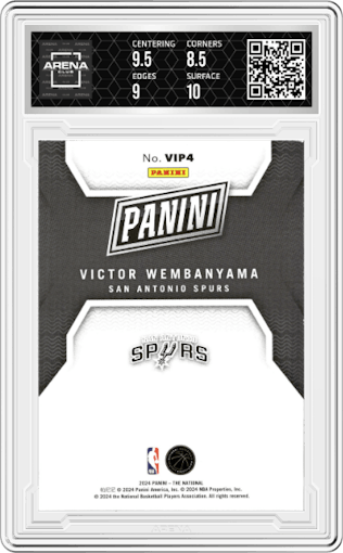 Victor Wembanyama from the 2024 Panini The National VIP set graded by Arena Club and given an overall grade of 9.