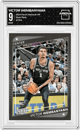 Victor Wembanyama from the 2024 Panini The National VIP set graded by Arena Club and given an overall grade of 9.