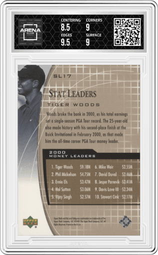 Tiger Woods from the 2001 Upper Deck set graded by Arena Club and given an overall grade of 9.