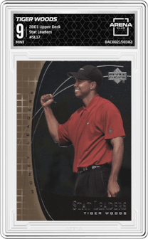 Tiger Woods from the 2001 Upper Deck set graded by Arena Club and given an overall grade of 9.