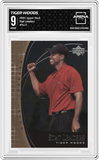 Tiger Woods from the 2001 Upper Deck set graded by Arena Club and given an overall grade of 9.