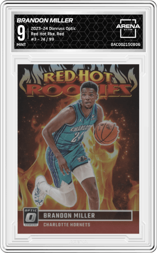 Brandon Miller from the 2023-24 Donruss Optic set featuring a Red parallel graded by Arena Club and given an overall grade of 9.