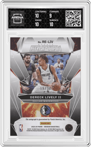 Dereck Lively II from the 2023-24 Panini Obsidian set featuring a Electric Etch Blue parallel graded by Arena Club and given an overall grade of 9.5.