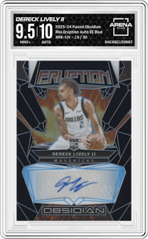 Dereck Lively II from the 2023-24 Panini Obsidian set featuring a Electric Etch Blue parallel graded by Arena Club and given an overall grade of 9.5.
