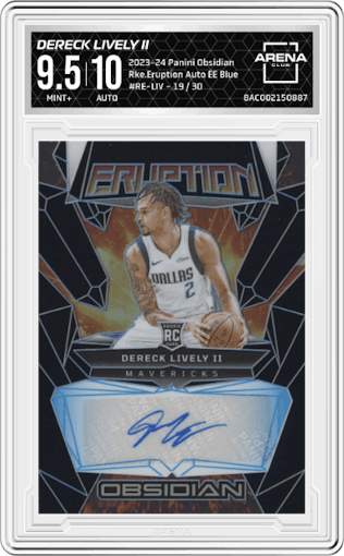 Dereck Lively II from the 2023-24 Panini Obsidian set featuring a Electric Etch Blue parallel graded by Arena Club and given an overall grade of 9.5.