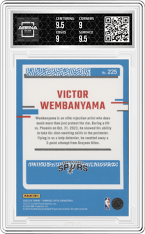 Victor Wembanyama from the 2023-24 Donruss Optic set graded by Arena Club and given an overall grade of 9.5.