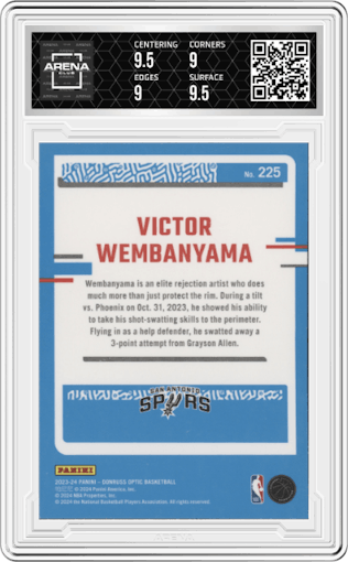 Victor Wembanyama from the 2023-24 Donruss Optic set graded by Arena Club and given an overall grade of 9.5.