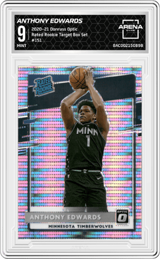 Anthony Edwards from the 2020-21 Panini Donruss Optic set featuring a Target Box Set parallel graded by Arena Club and given an overall grade of 9.