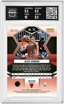 Alex Caruso from the 2021-22 Panini Mosaic  set featuring a White Mosaic parallel graded by Arena Club and given an overall grade of 9.