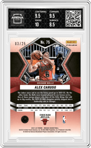 Alex Caruso from the 2021-22 Panini Mosaic  set featuring a White Mosaic parallel graded by Arena Club and given an overall grade of 9.