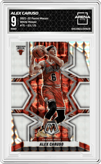 Alex Caruso from the 2021-22 Panini Mosaic  set featuring a White Mosaic parallel graded by Arena Club and given an overall grade of 9.